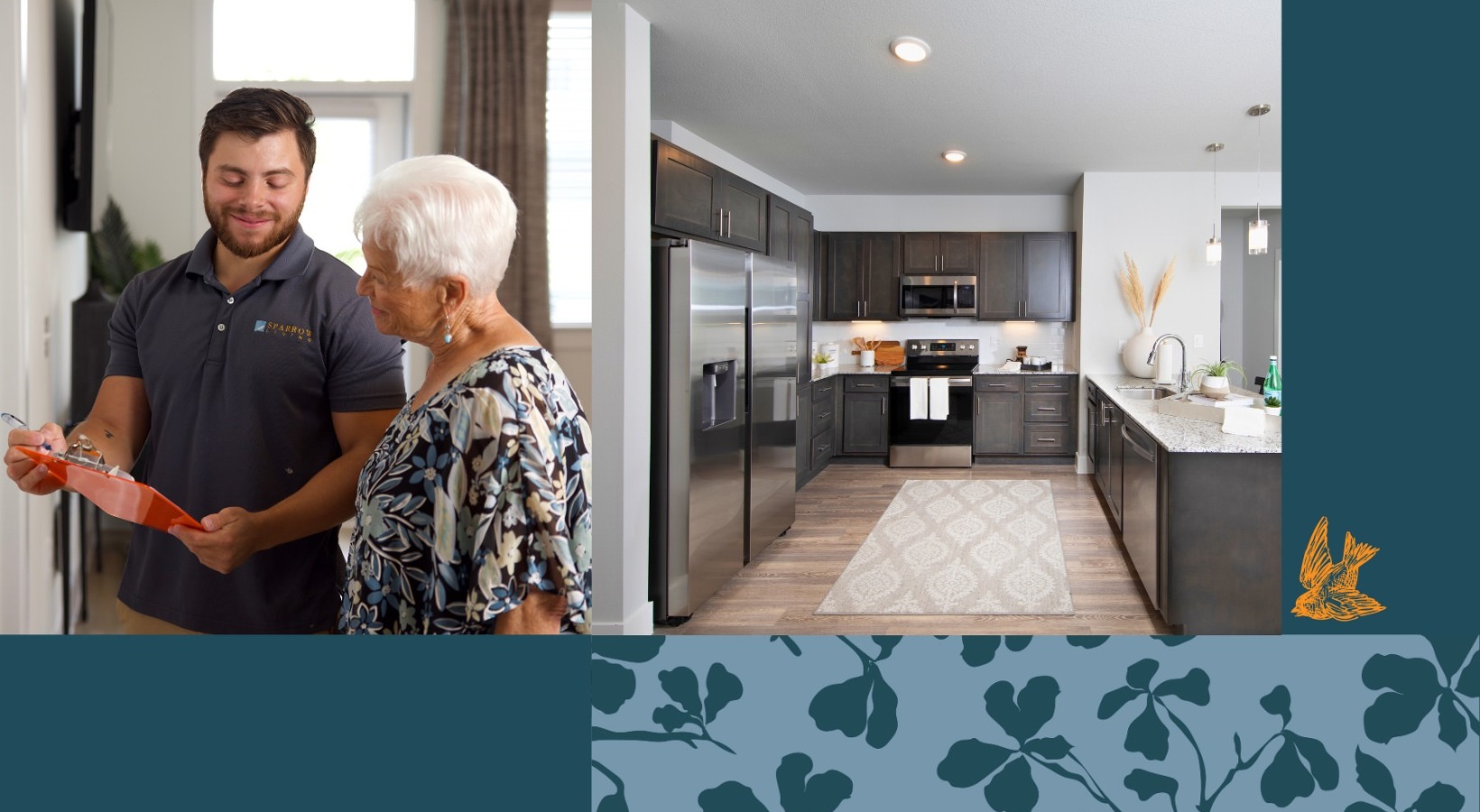 a woman and a man talking in a kitchen